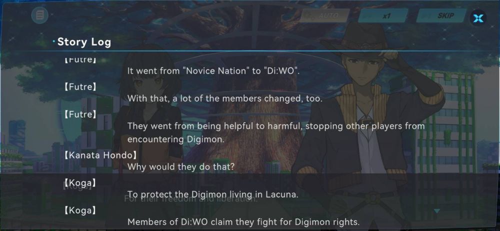 digimon alysion screenshot of futre talking about how her old guild has changed and become hostile to players for the sake of protecting digimon