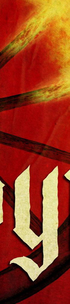 a white letter 'y' on a red canvass background with part of a burning wheel