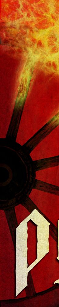 A burning wooden wheel on a red canvas background with a white letter p