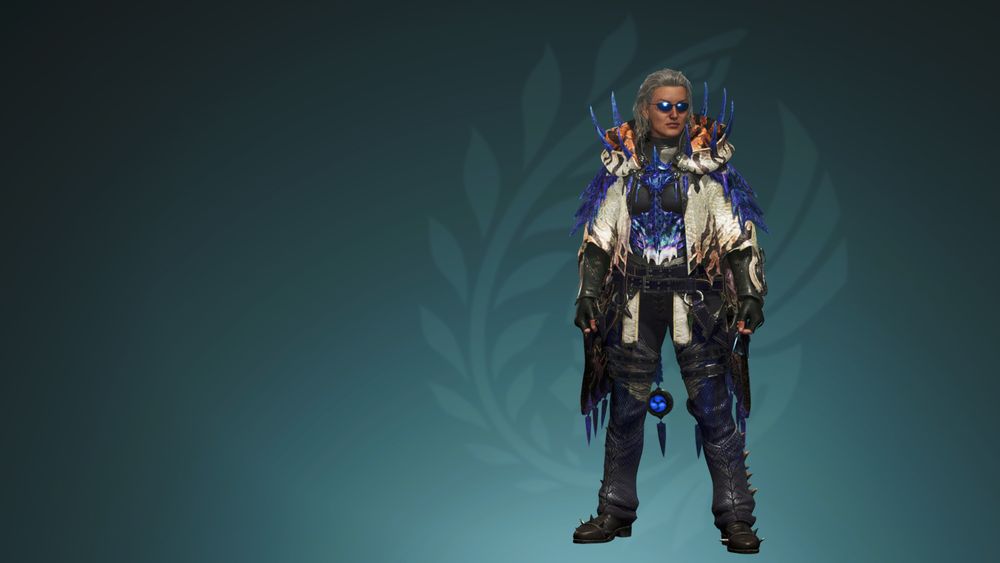 Screenshot from the video game Monster Hunter Wilds. It depicts a player's hunter, who is an older, muscular woman; she is wearing reflective sporty sunglasses, a fierce looking jacket adorned with bold patterns and bright ultramarine crystals, dark gloves, and rugged looking dark pants with a glittering scale texture.
