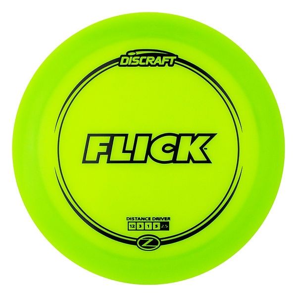 A disc for playing disc-golf. The disc model name is "Flick" and the brand is Discraft. The word "Flick" is spelled in all capital letters in a thick, blocky font. This version of the font uses black outlines of each letter.