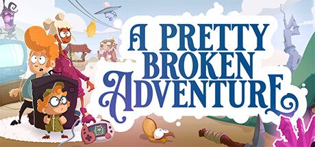 The Steam banner of A Pretty Broken Adventure. The three protagonists, Lani, Collin, and Tiho, are standing on the left; behind them at the left edge of the image is an old-fashioned television, and in front of them on the floor is a game controller. In addition, there are a dog wearing a crown and a UFO in the background to the left; in the background to the right is a tall tower. In the front center, a golden locket is lying on the floor, with a pair of eyes and a beak peeking out of it. Above the locket is the title, which takes up the entire right half of the picture.