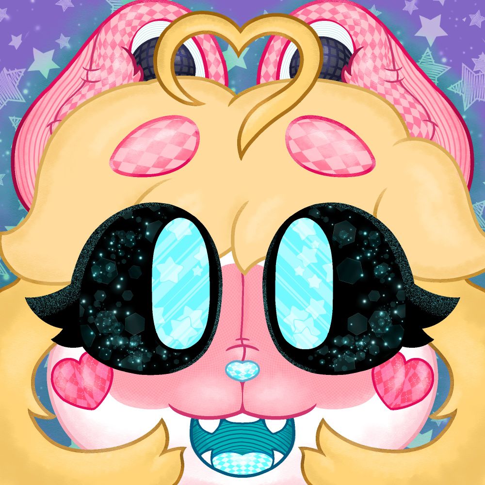 A cheerful front facing robot named Adelaide greets you with joy! They have star speckled eyes, plush ears with microphones embedded within them, and soft blonde hair wrapped around her head.