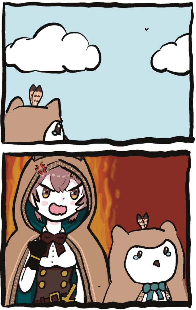 A Hooman looks sadly at a bird flying high in the sky in the first panel.
In the second panel, an angy tOwl stands behind them, raising her fist as she burns with rage because Owls do not fly high! They fly at a reasonable height! And stop using the dove emoji and saying "Fly high Mumei"!