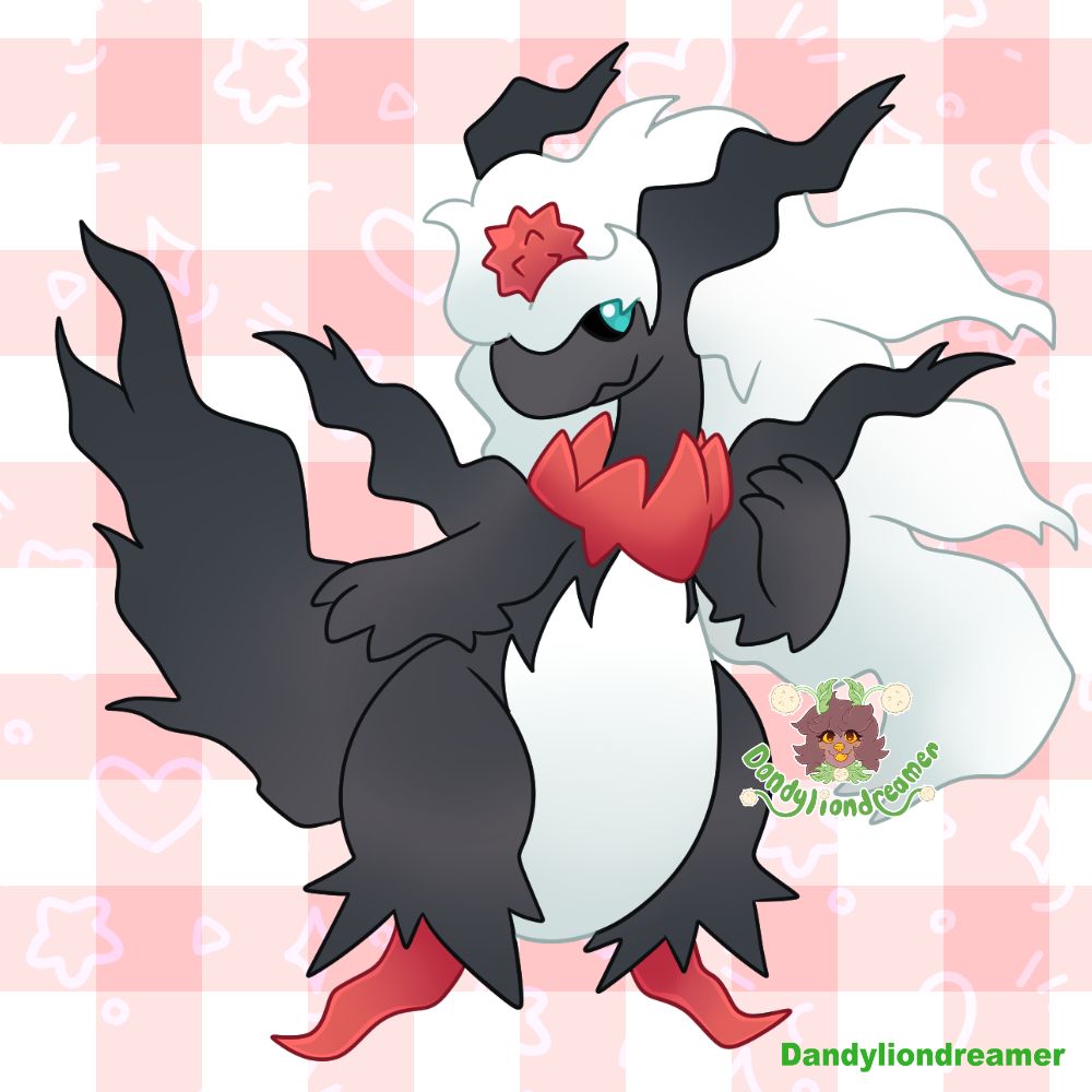 the pokemon mega ampharos and darkrai fused together

their hair is a white and their body is a shadow black, the red feet and accents, and white stomach