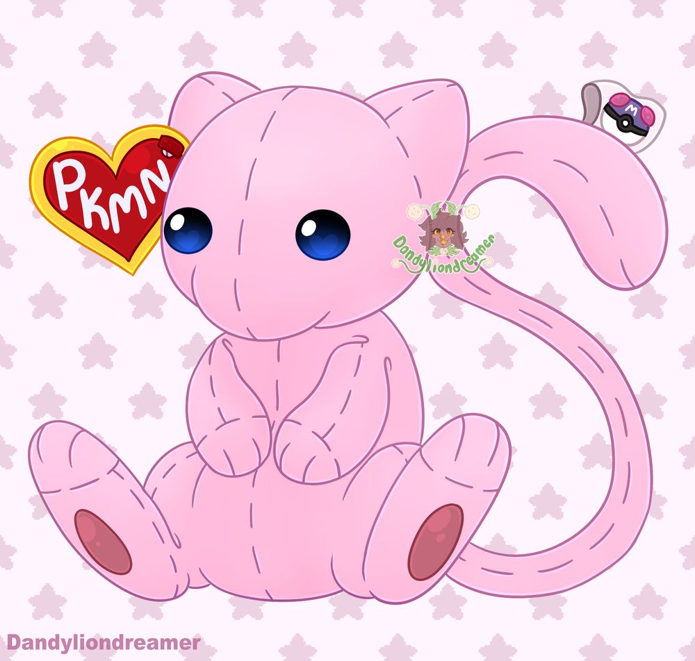the pokemon mew as a stuffed animal beanie baby

the heart tag on the ear says "PKMN" the tail tag has a masterball on it