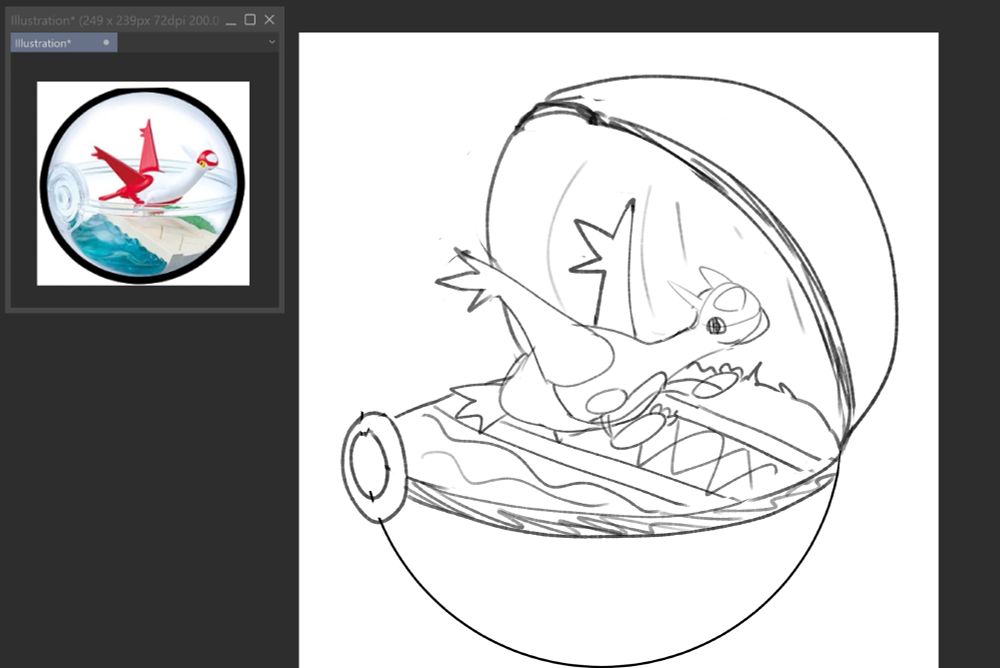 a sloppy sketch of the latias terrarium orb where the pokemon latias is floating above a scene where the water meets the boardwalk with some grass while its within a pokeball