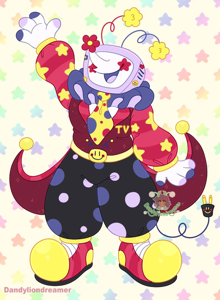 tenna from the game deltarune redesigned to look like a clown

he has his signature flower nose blooming, his antennaes are colored red and purple with yellow pompoms at the ends, with red stars on his cheeks, stickers on his head, a purple neck ruffle with a yellow tie that has purple and red polkadots, his red longsleeve suit has light red stripes with yellow stars on them and it sparkles on the darker red parts, there are yellow pompoms at his suits tail ends, his TV pin on the right side, his tv head belt buckle has a smiley face and curled antennaes, his pants are black with purple and dark purple polkadots, his shoes are red with white yellow and black, he has a plug tail with a smiley face on it