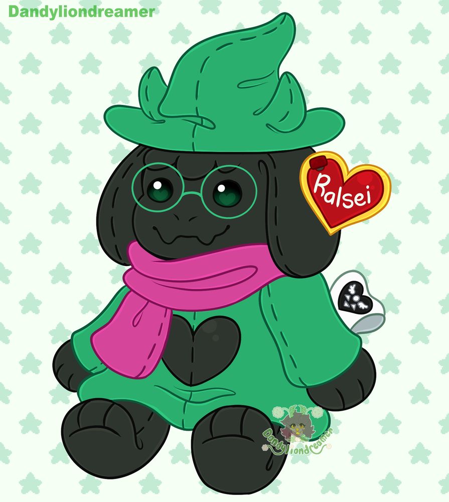 ralsei from deltarune as a beanie baby

the heart tag says Ralsei and the arm tag has a black heart with the deltarune symbol on it