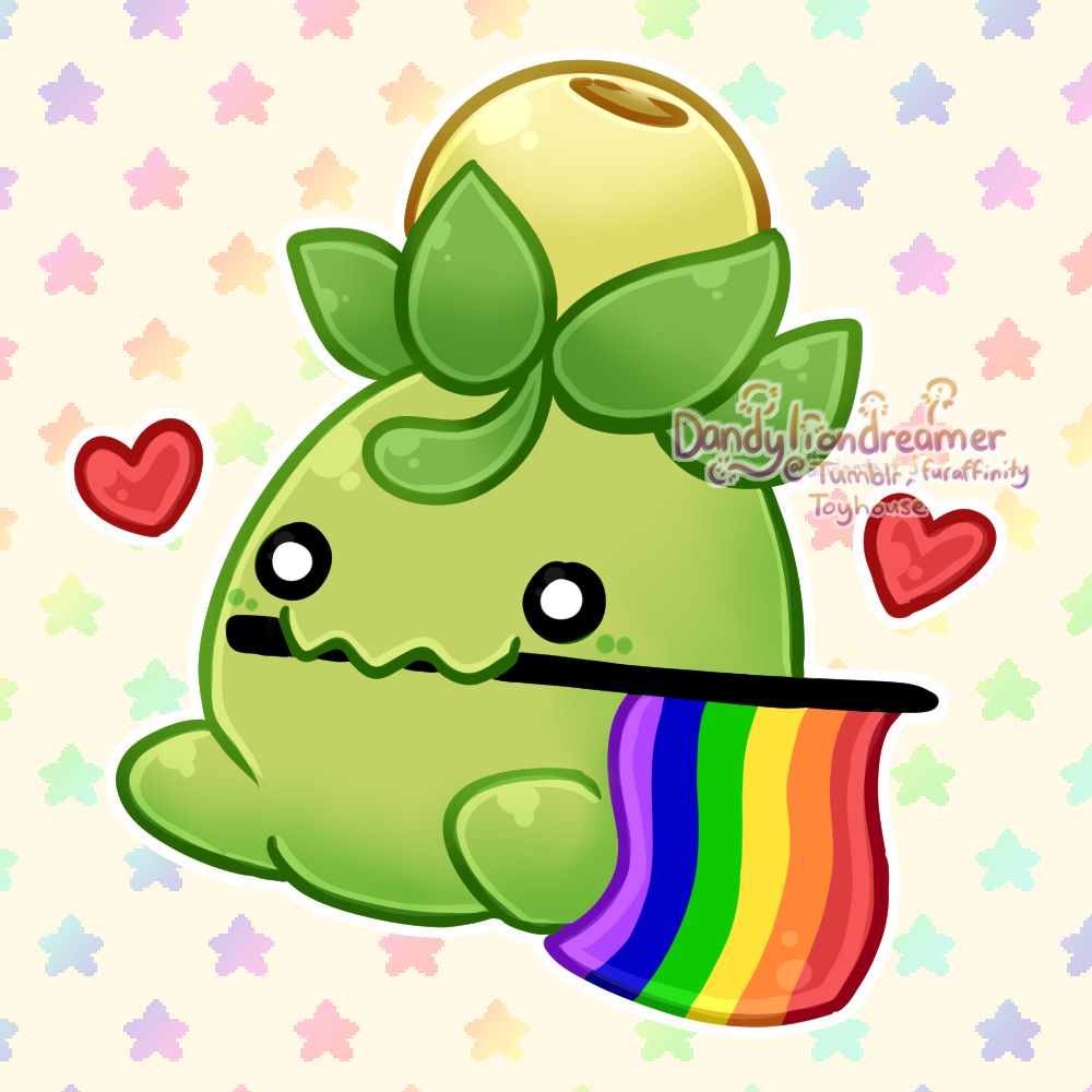 the pokemon smoliv holding a rainbow flag in its mouth