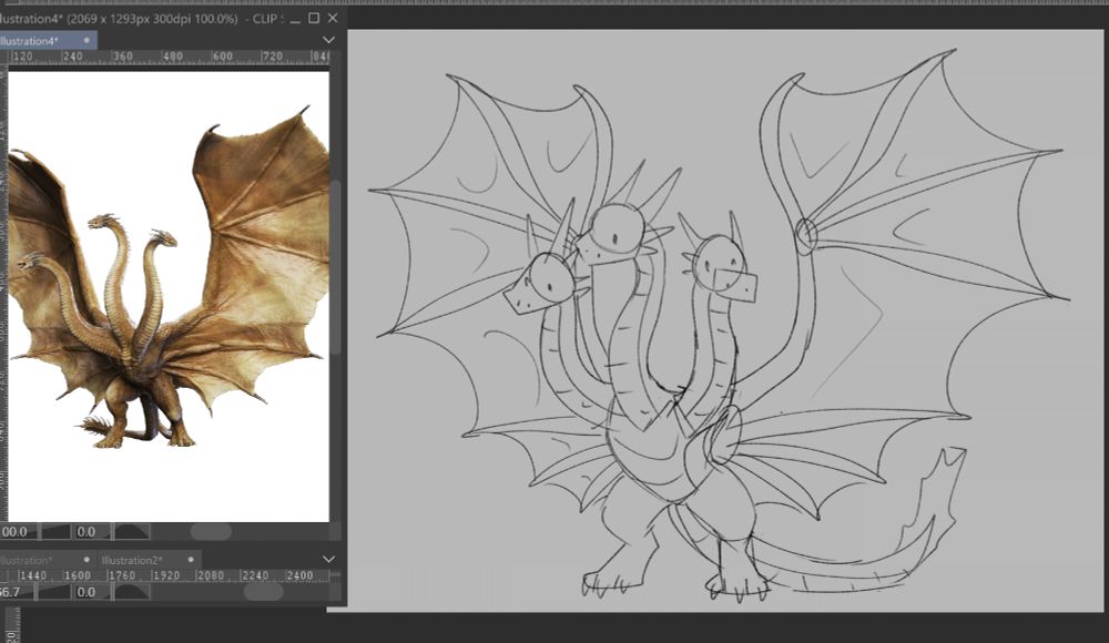 a sketch of king ghidorah from godzilla