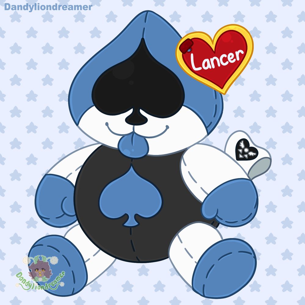 Lancer from deltarune as a stuffed animal beanie baby :3

the heart tag says Lancer and the arm tag has the deltarune logo