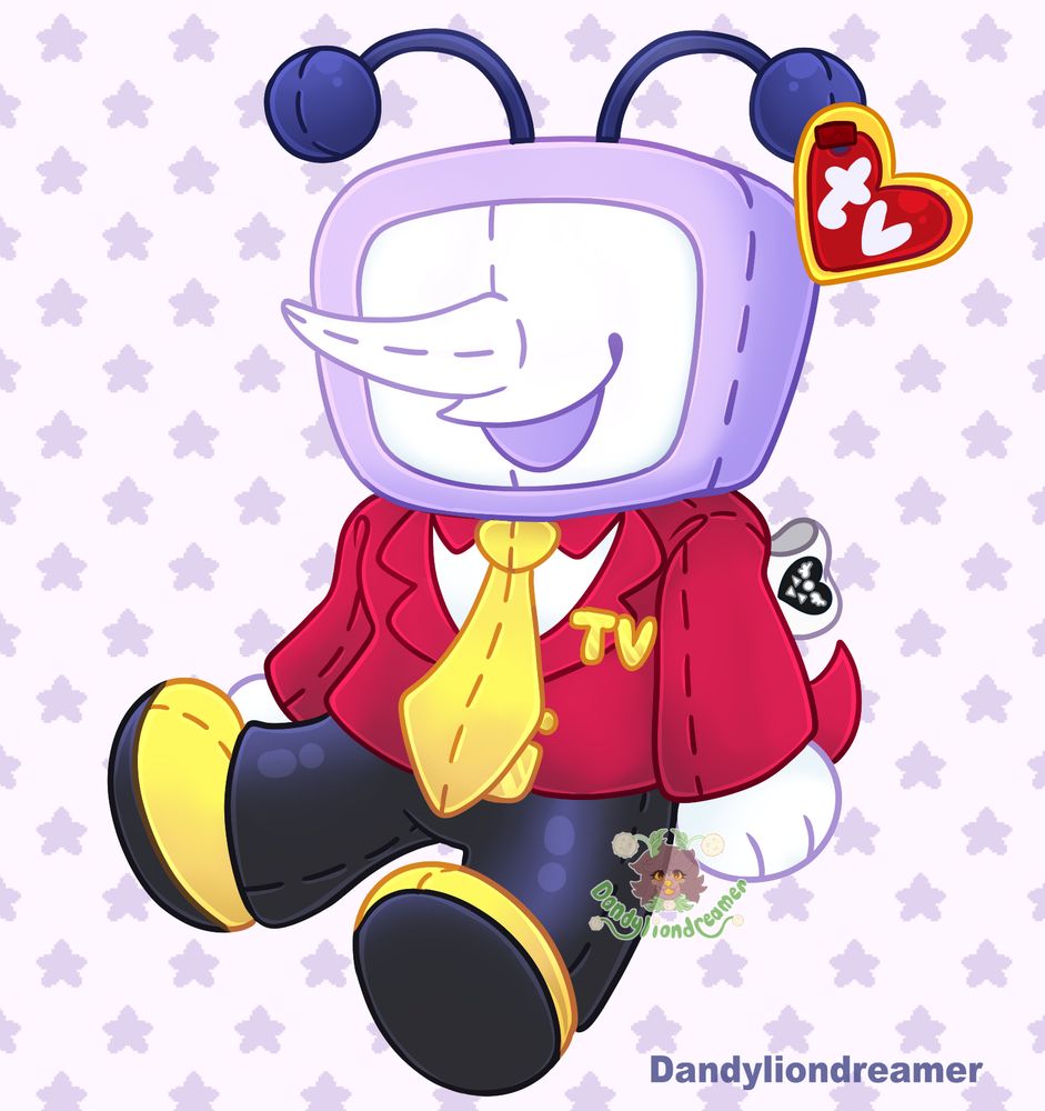 tenna from deltarune as a beanie baby, his heart tag says tv and his arm tag has the deltarune symbol on it