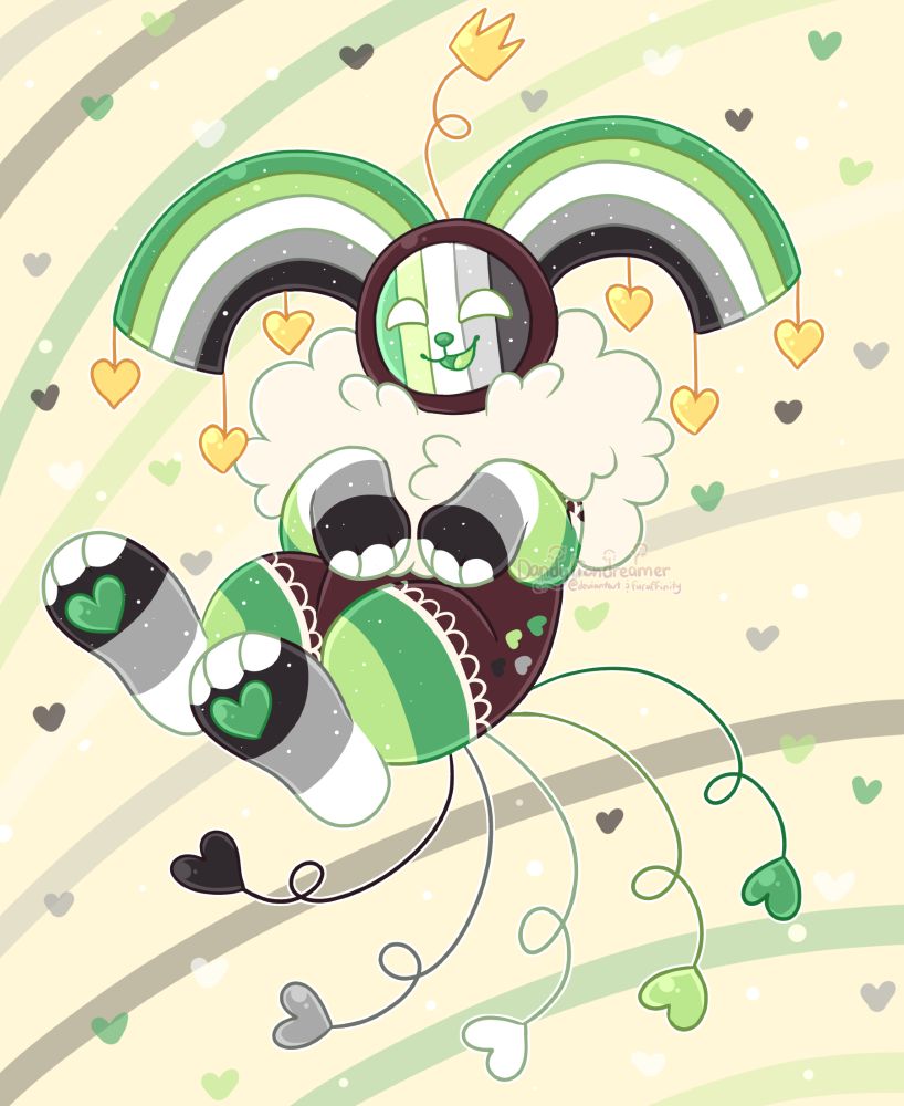 my oc tv star redesigned with the aromantic flag in mind

they are a dog like character with a TV face, and aromantic colored rainbow ears from the head, gold crown props up from the middle of the head and gold hearts hang from the rainbow

their 5 tails are like wires curled with hearts at the ends in the colors of the aro flag, their legs are also like the aromantic flag

their legs are colored the flag, they have a white fluffy neck