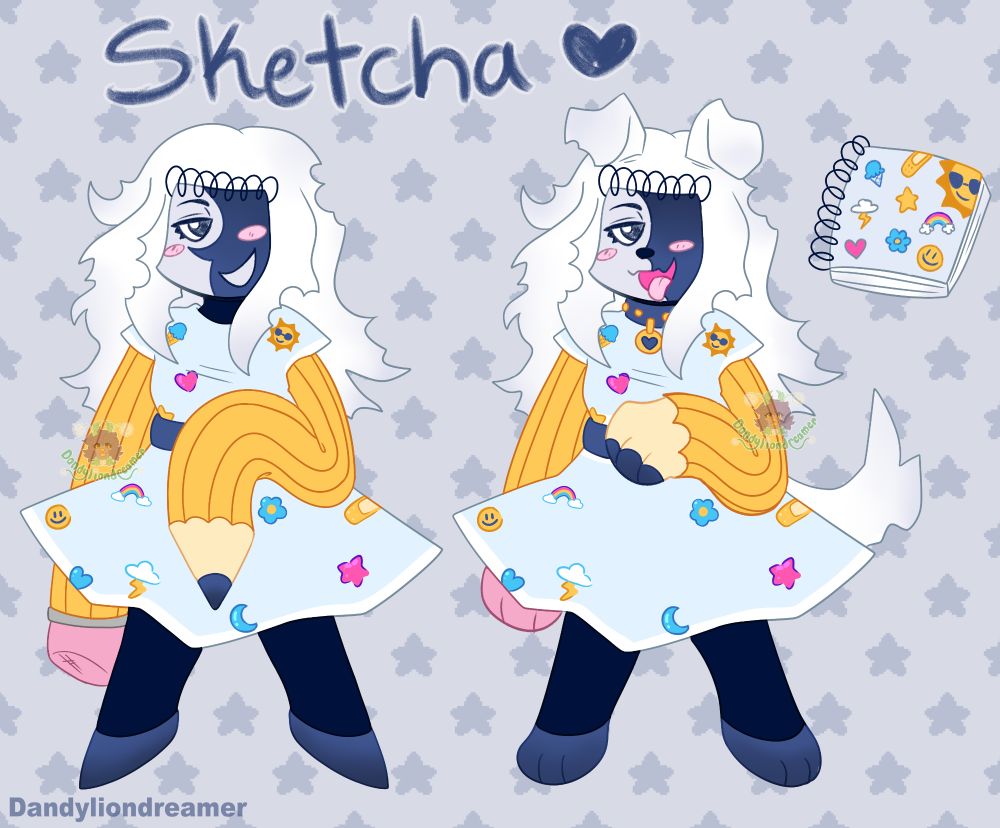 2 drawings of sketcha

She has torn white paper hair l, her face is a sketch book with the circle bind area at the top, half the face is white half is blue

Her dress is a light blue covered in stickers, her arms are the back and front of a pencil, her legs are dark blue with blue shoes