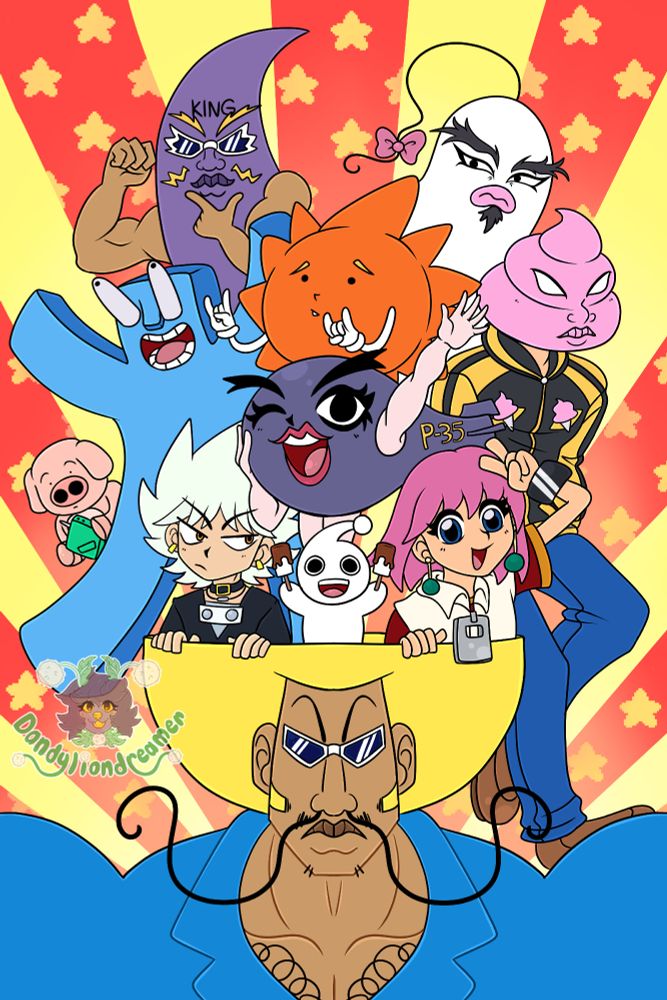 A drawing of characters from the anime bobobo-bo-bobobo, a comedy parody anime from the 2000s

characters depicted: king nose hair, service man, jelly jiggler, don patch, soften, game boy pig, torpedo girl, soften, gasser, beauty, dengakuman, and finally bobobo himself

the background is a bright red and yellow stripped with star patterns 