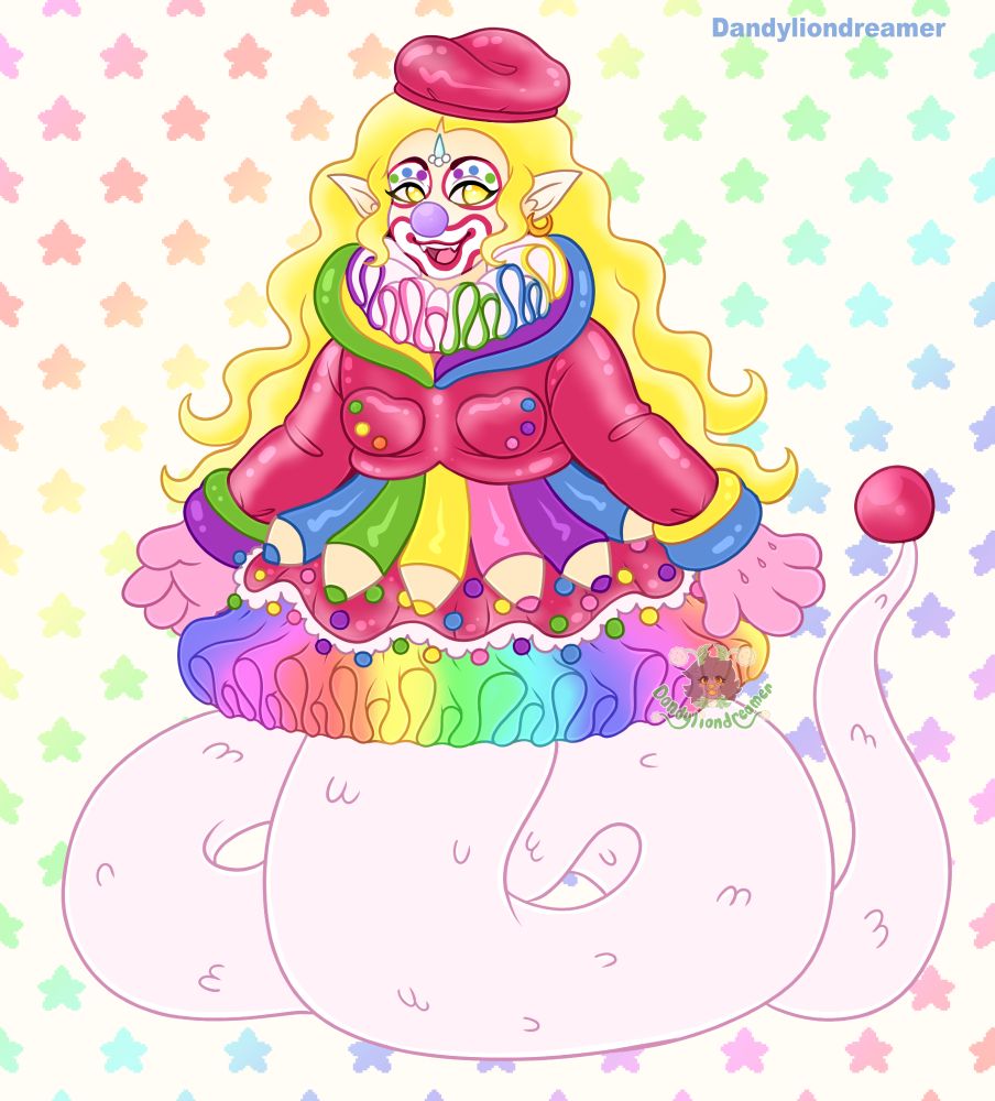 a lamia oc with a white snake body and yellow long wavy hair, wearing a silly clown outfit based on colored pencils and rainbows!
