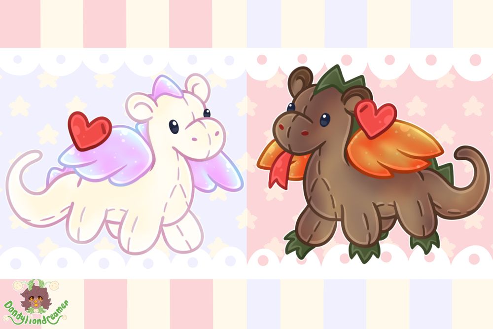magic and scorch the dragon beanie babys facing each other

magic is a white dragon with blue pink iridescent wings and spikes, red heart tag on the wings

scorch is a brown dragon with red orange iridescent wings and green spikes and claws, tongue is sticking out, red heart tag on the ear