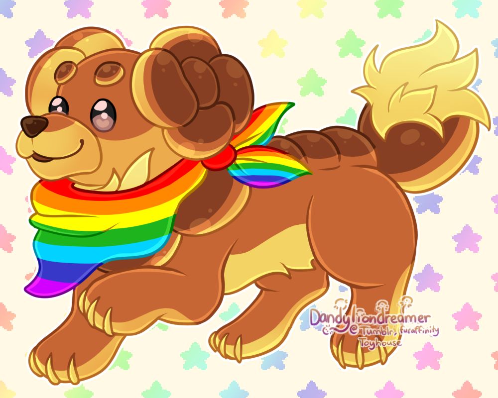the pokemon dachsbun with a rainbow bandanna around their neck