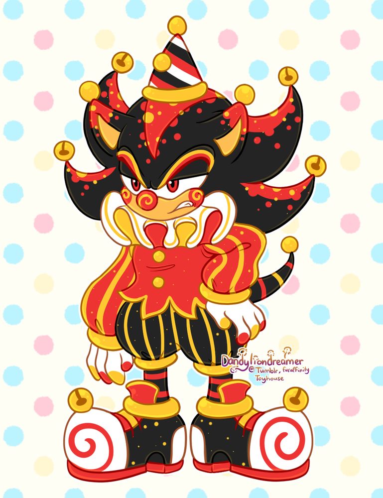 Shadow from sonic the hedgehog dressed up as a clown, with a stripped hat, bells on his quills, ruffles, and stripes on his clown clothes