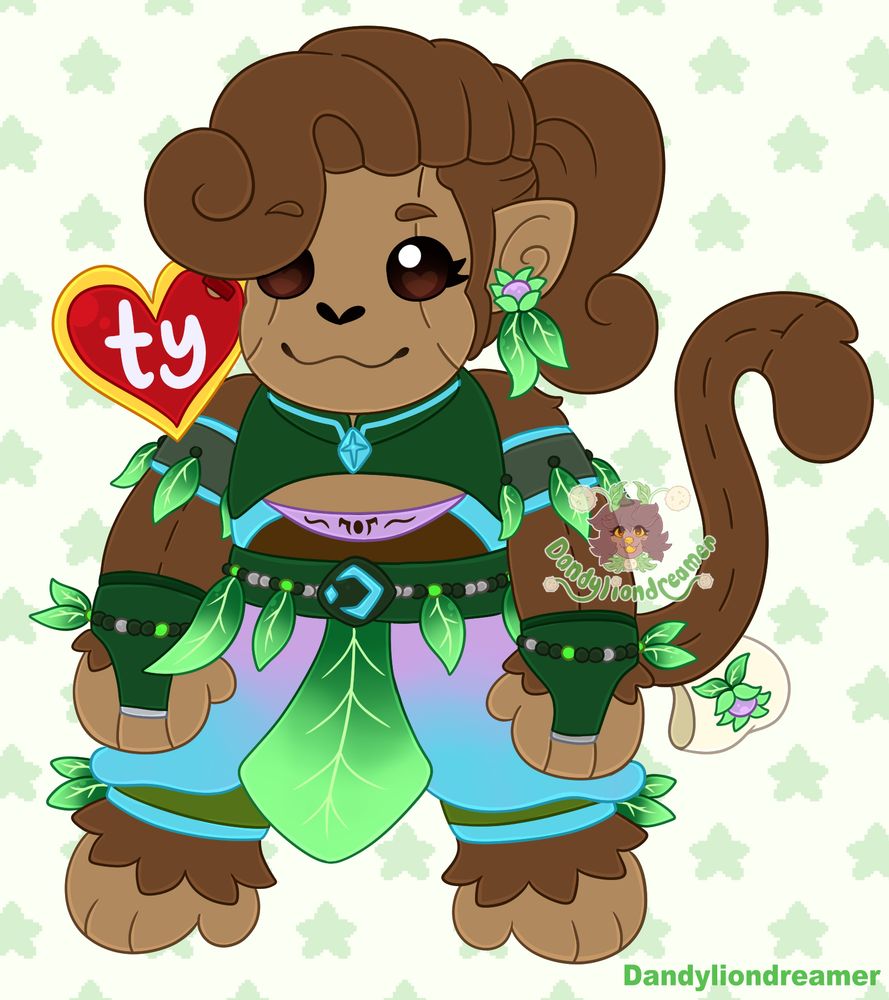 a monkey fursona redesgined to look like a stuffed animal beanie baby!

they are a brown monkey,  their earrings are a green flower with green leaves

their wearing 2 arm bands with beads and leaves on them, she has a tang top like crop top shirt, colored green blue pink and brown

her belt is green with beads on it and leafs and there is a moon crescent belt design in the middle

her skirt is pink blue gradient with a large leaf down the middle

her heart tag says TY and her tail tag has a sumbol of the earring she is wearing