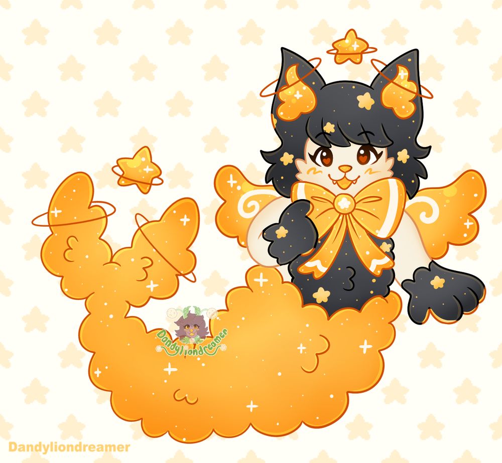 my star space alien cat redesigned to have a mermaid form

their hair is black with orange inner ears and orange star pattens on it, their faceis yellow with orange eyes yellow notes and mouth

they have a bowtie that is orange and wings that are orange and mermaid tail that is orange with white stars, their hands and stomach are like the hair black with orange stars, they have halo loops around the mermaid tail, ears, and one off stars