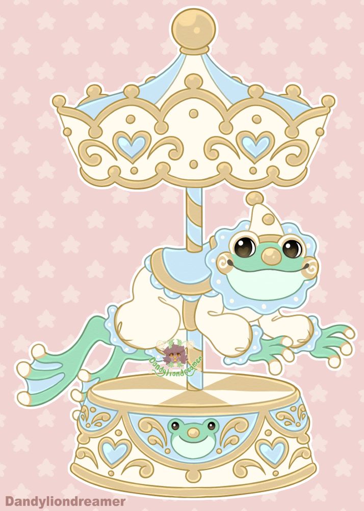 a digital drawing of a clown frog carousel!

the top carosel is colored with a bleu and  white striped circus top, with gold accents and hearts, the pole is colored gold and blue, the bottom carousel is also colored with blue and yellow and gold accents, there is a frog head in themiddle

the frog is green with a white clown hat, blue neck frill, white clown outfit with blue frills, and toes colores white, they have a gold clown nose and wear white andgold clown make up


