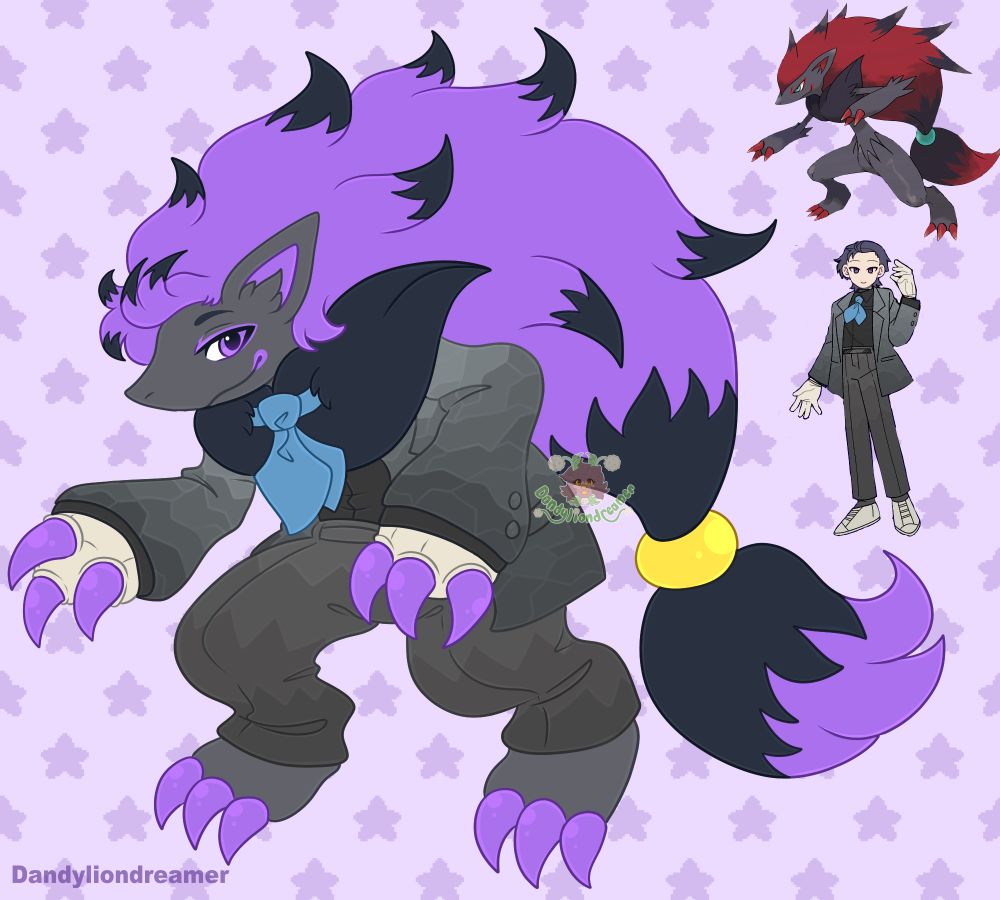 a human oc redesigned to look like a zoroark from pokemon, he is wearing a grey suit with a grey gradient like pattern, a blue ascot,  white gloves, has purple hair and purple claws, with purple eyes, and a yellow hairbead