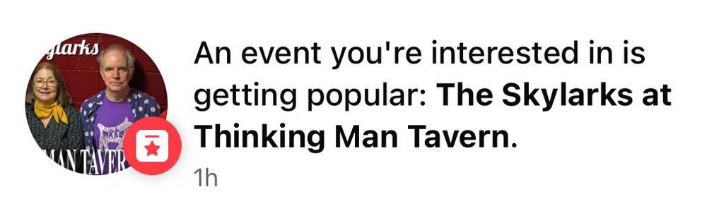A picture from Facebook claiming (probably spuriously) that The Skylarks at Thinking Man Tavern is getting popular.