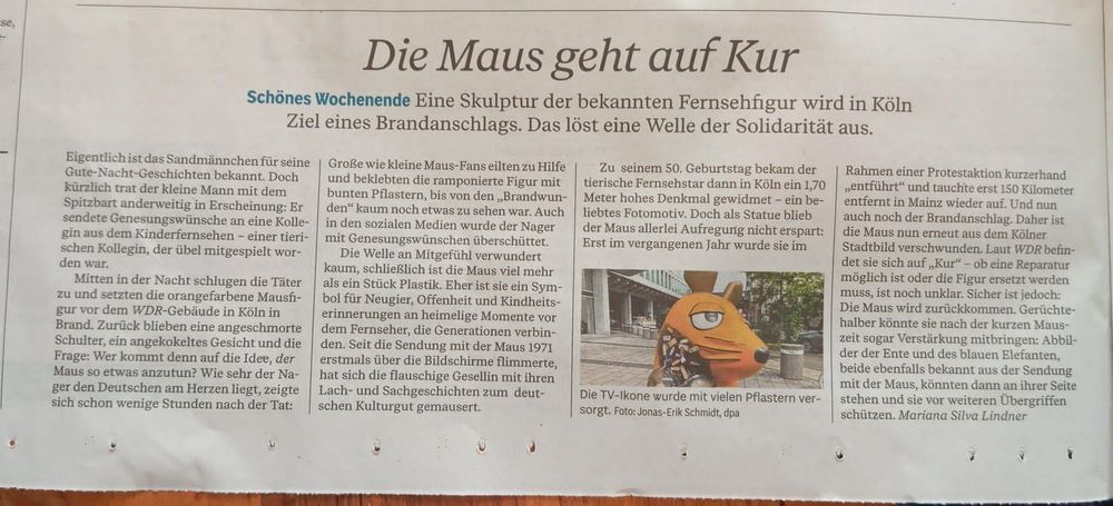 Zeitungsartikel in der Mainpost über den Brandanschlag auf die Maus 