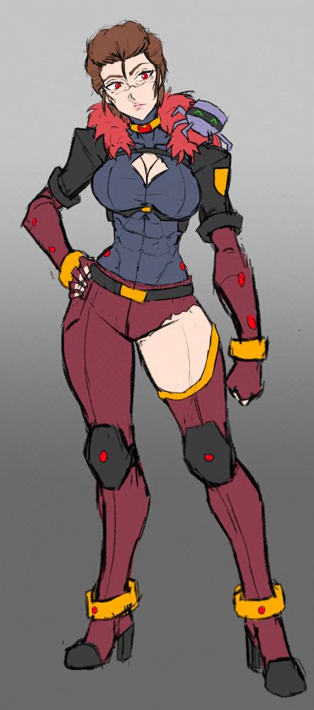 Not much changed from her original design, I just changed a few colors to make them a bit more muted.

The spider thing on Zullu's shoulder is "one" of her companion, a "Non-Human Person", a sentient computer like being taking form of a silly drone, it's name? "SYBIL-CLASS NHP 'Evolt'." 

In Lore, Zullu isn't a good pilot. She likes making her mech punch, but struggle on the more technical parts like digital warfare. Evolt is there to cover those weakness, allowing her to wreck havoc while he do the nerdy stuff.