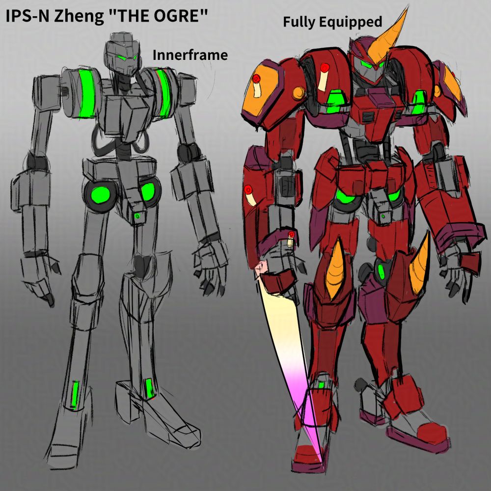Two versions of the mech, one containing only it's "Inner Frame", showing off what goes under all of the equipment and armor. 

I took inspiration from the Mobile Suit Gundam Iron Blooded Orphans' "Gundam Frames", especially on the area around the torso and hip.

As a punch bot, I wanted to give emphasis to the arms on this design, so I made them longer and added these cylinders to add more "bulk" to the shoulder area. 

For the design features, those aforementioned cylinders acts like Secondary Generators, and the green bits on the frame represents the areas where the mech's energy flows through.
A neat detail, inspired by yet another Gundam Series: Mobile Suit Gundam 00.

There isn't much to say about the armored version of the mech. Just thought of things that I thought it would be cool and added to it's design.
It's red, it's supposed to look bulky and mean. I didn't had much of a motiff for the armor, I basically just slapped what I thought it would be cool and ran with it.

The only major thing to mention is the "blade". It's supposed to represent the LancerRPG's weapon "Claíomh Solais", which is a gauntlet that can emit "Rainbow colored blade" to kill things.

I love how bulky it looks.