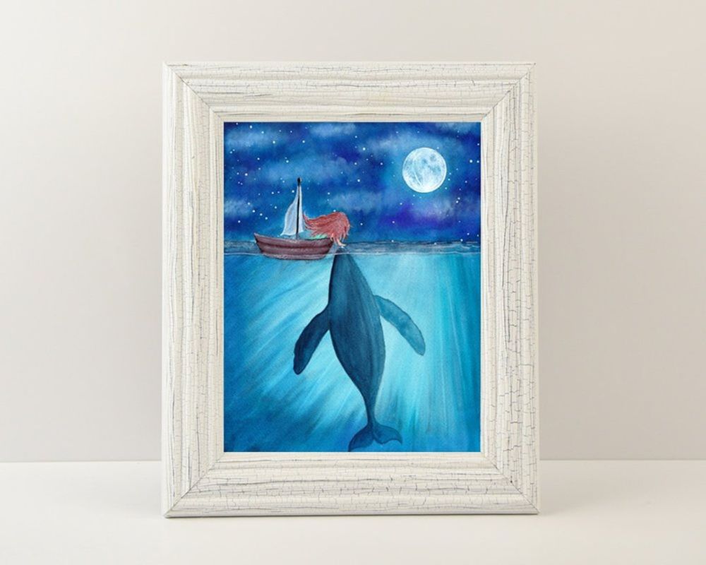 Whale and Girl in Boat, Marine Life Watercolor Print - Etsy