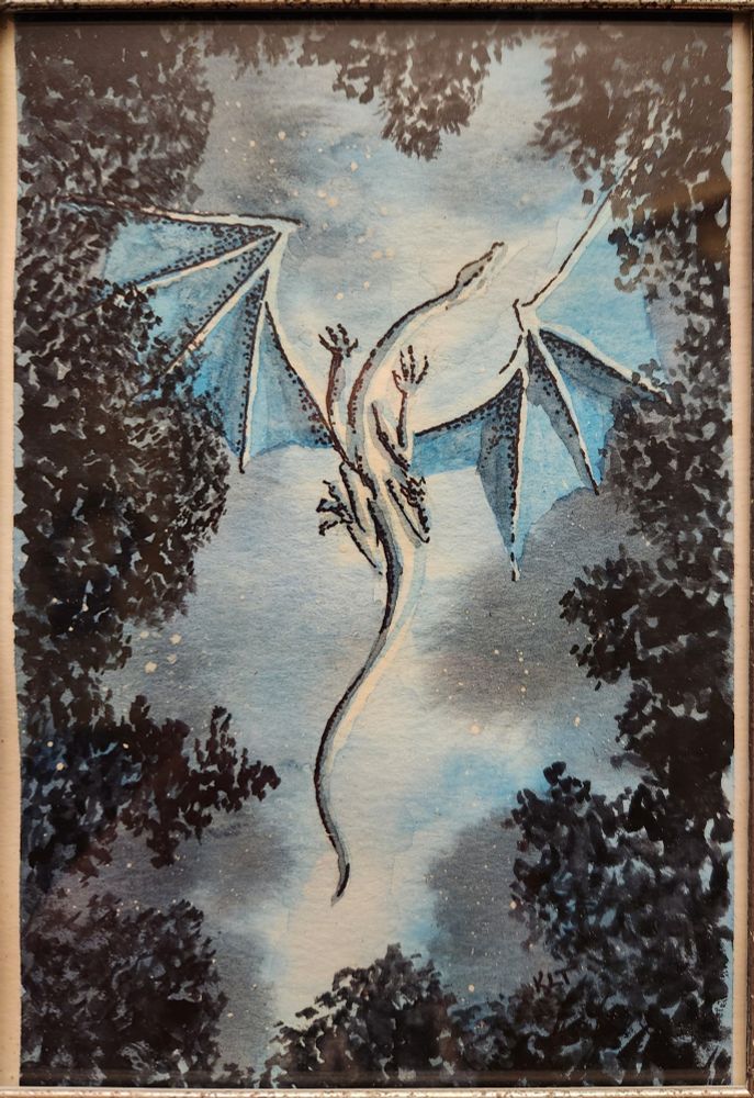 watercolor painting of a dragon flying overhead. the viewer is looking up at a bright twilight sky through dark tree branches at the underside of a silver dragon flying overhead, the tips of it's wings partially obscured by the trees. the sky behind it is luminous with silvery-blue light reflecting off shredded clouds and just a few stars showing against the darker parts of the sky.