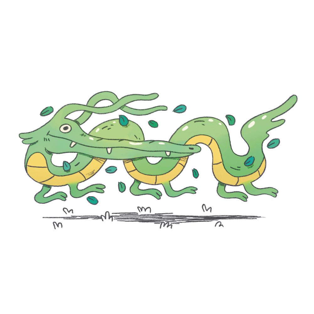 Green dragon surrounded by leaves