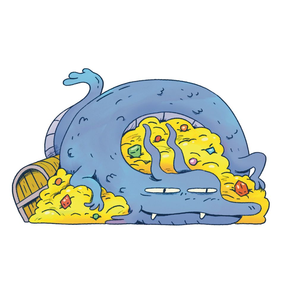 A dragon laying on top a gold pile with gems and a chest