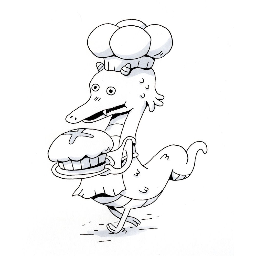 A quick doodle of a dragon carrying a pie 