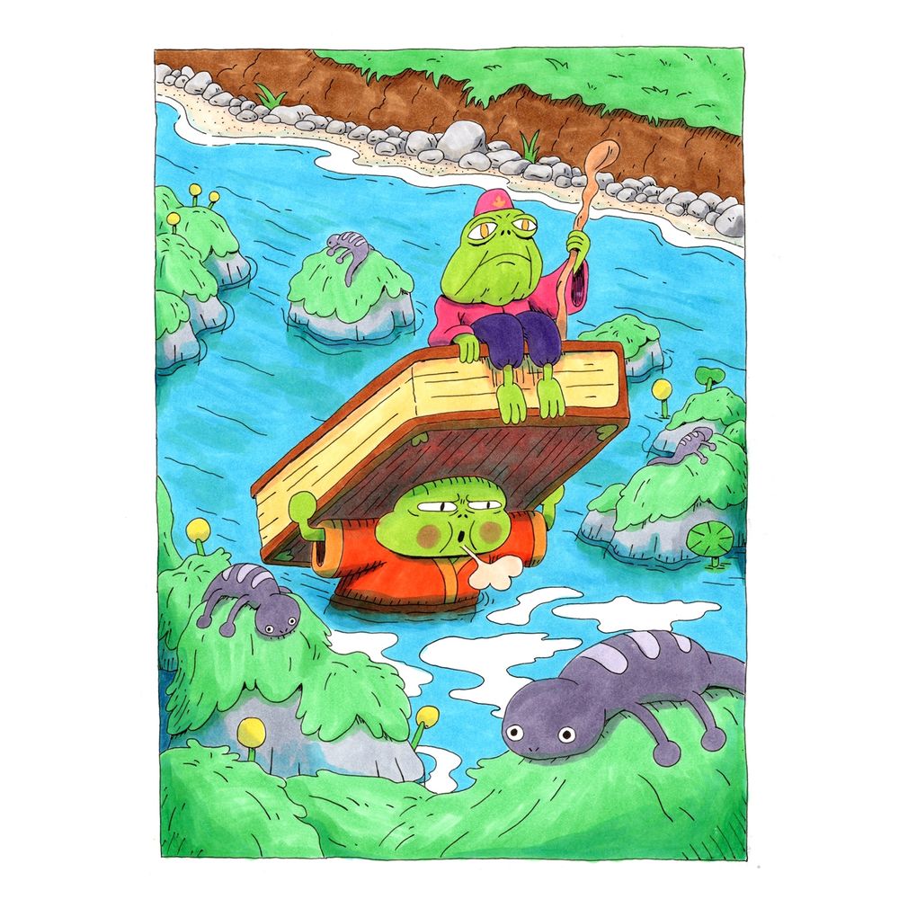 a young frog carrying a large book with an older frog sitting on it through water 