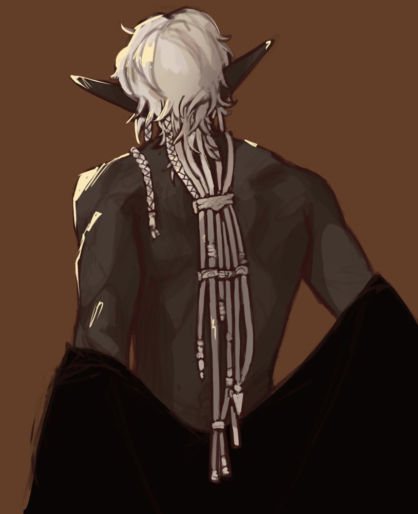 The picture shows my character Cornelius from the back while he taking a loose jacket off, showing off his long hair which is arranged in seven long, thin braids, adorned with silver ornaments to keep them together.