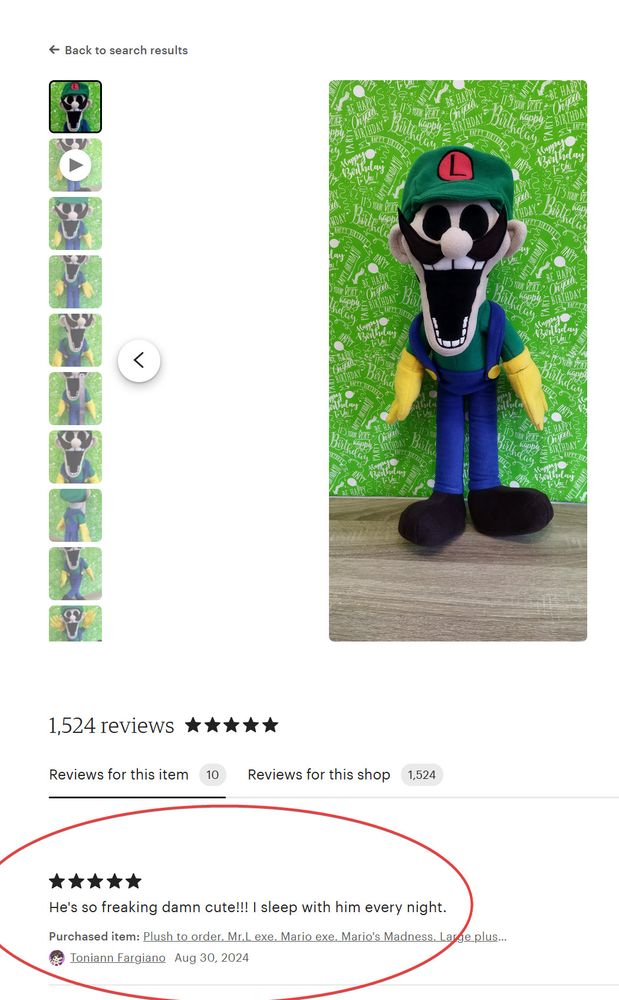Mr. L.exe plush on Etsy with highlighted 5-star review claiming: He's so freaking damn cute!!! I sleep with him every night. 