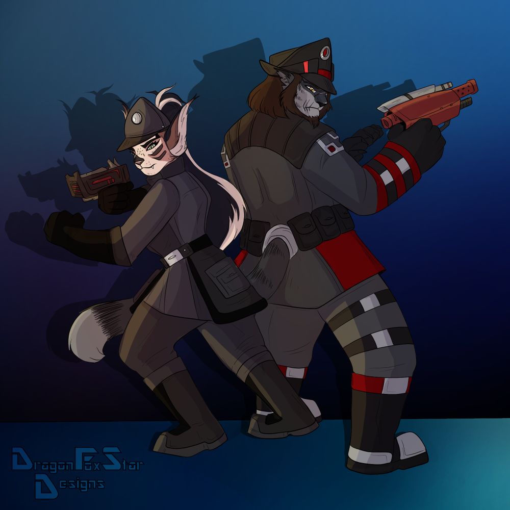 Example of cel shading with multiple characters with dramatic rim lighting/shadows on a simple wall/floor plane gradient background.

Characters are Januh Ras who belongs to creamyjam and my Koh Ta.