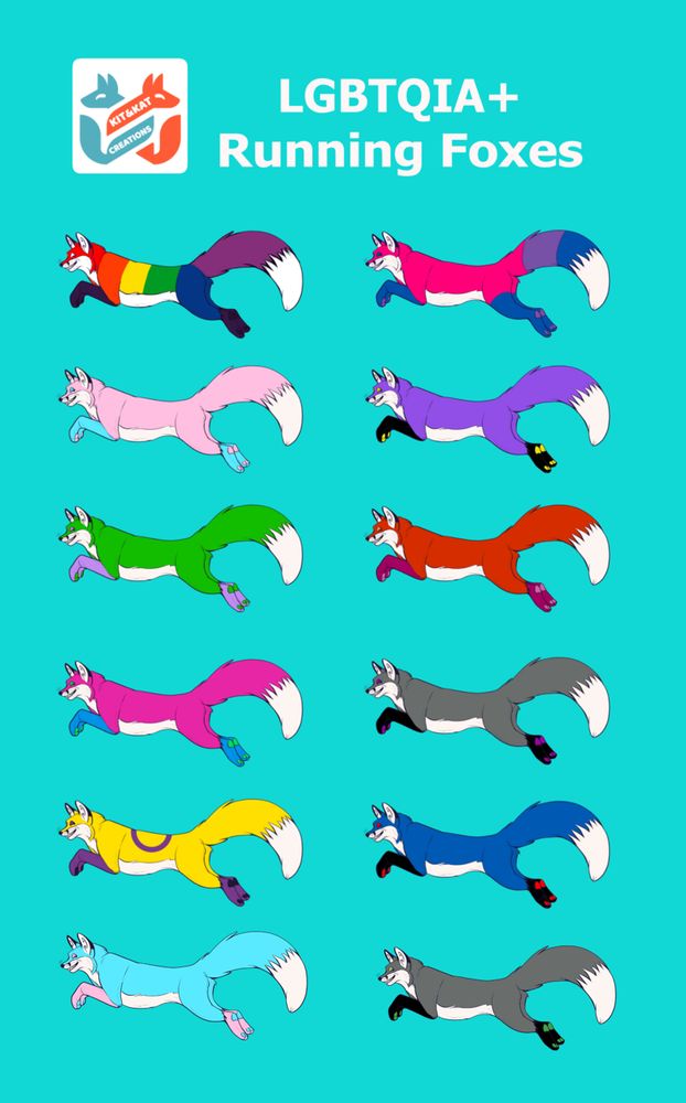 lgbtqia+ running fox sticker sheet art that I did for the stickers that we sell over at KitandKatCreations from gay, bi, trans, nonbinary, lesbian, enby, demi, aro, intersex, pan, and more!