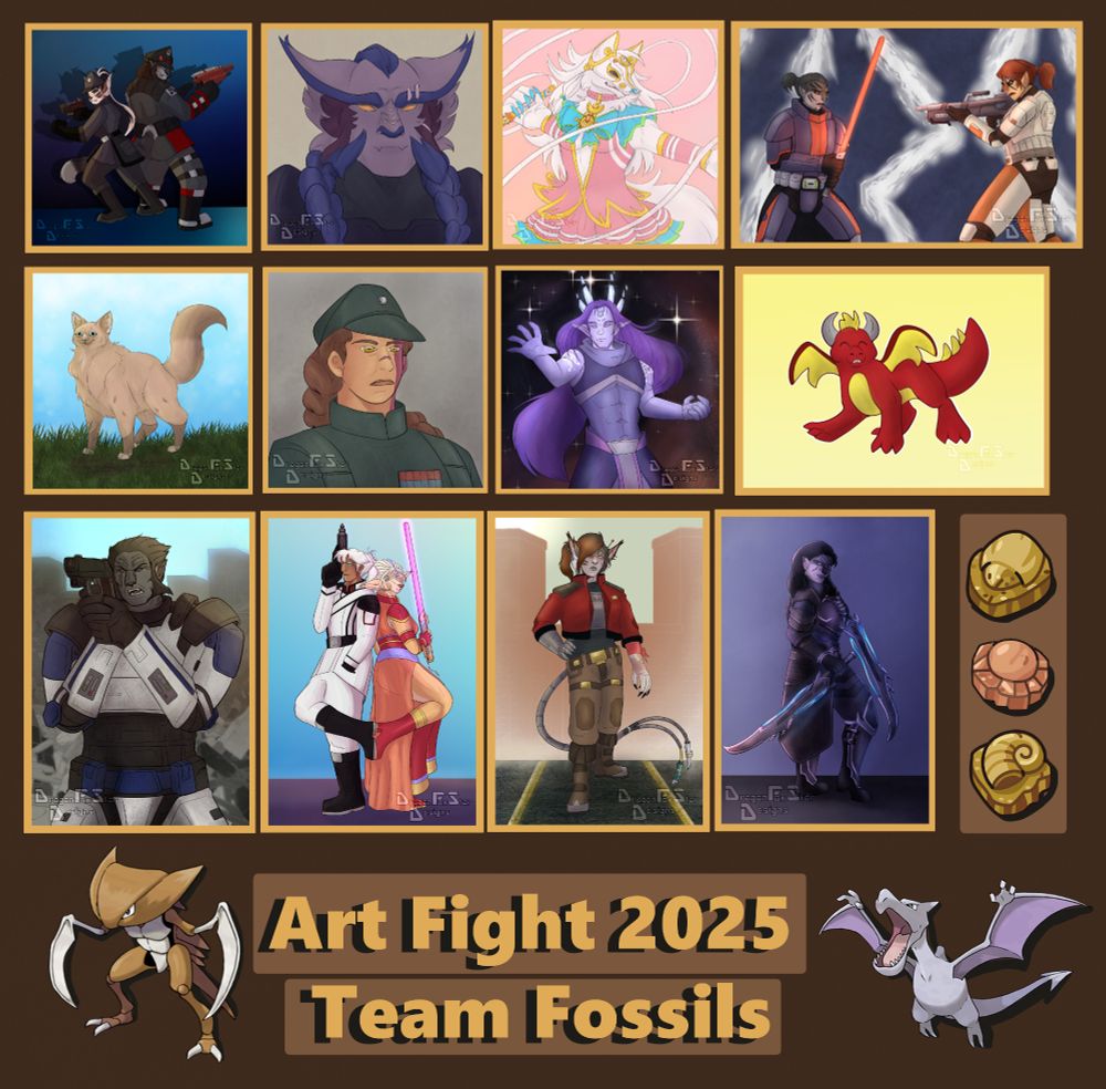 Art Fight collage of all 12 attacks that I did year on Team Fossils!