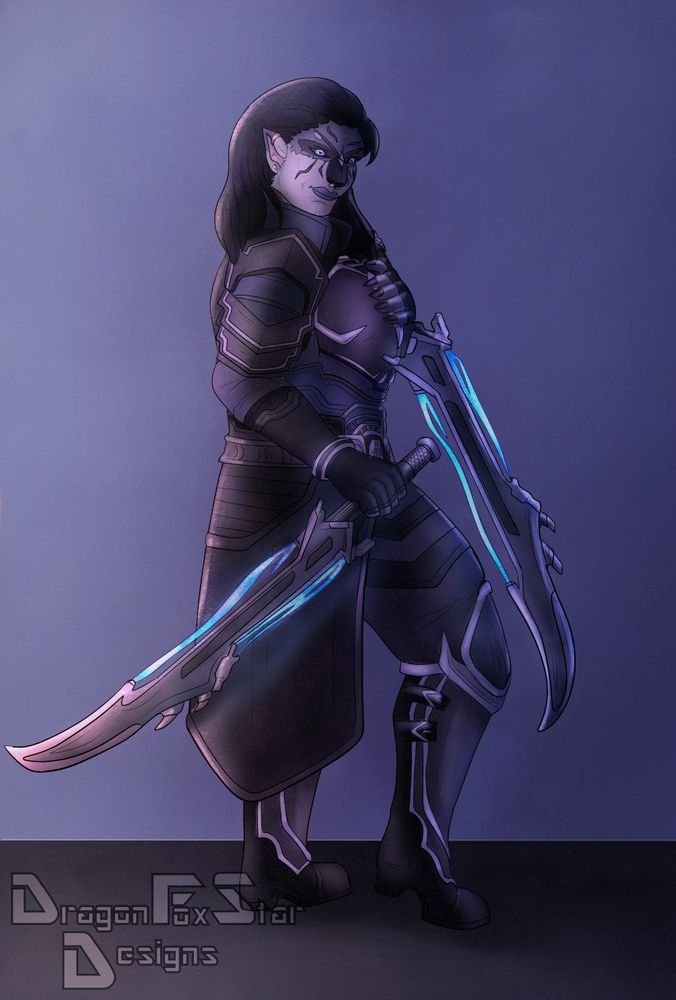 Example of a full body character in a dynamic pose with fully rendered shading/highlights and lighting/shadows on a simple background with various amounts of subtle texture added.

Character is Rakhan Nin and belongs to Yamikuruku!