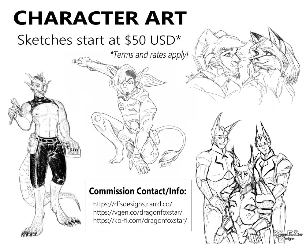 Sketch commission sheet including base price and examples of what I offer plus contact information.