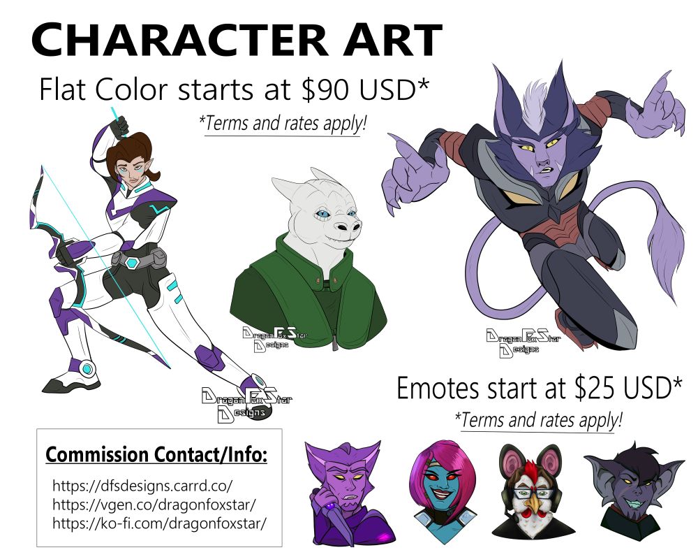 Flat color and emote character art including prices and examples of what I have to offer plus contact information.