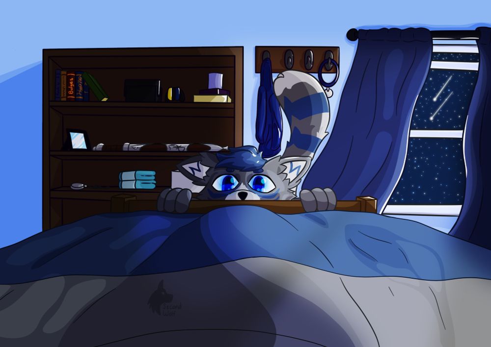 Wolf sitting at the end of the POV’s bed, the window open as moonlight and wind flows through. Wolf’s eyes glow with the reflecting light to match the generally blue hue of the room. A bookshelf with many odds and ends sits in the back including some books (including one labeled “hypno”, and another, “bulges”) as well as a Nintendo switch, some odd boxes, an obscured picture, a sword, a pocket watch, some diapers, and a mysterious white box. Directly behind Wolf is a coat rack with a blue jacket and a blue collar.