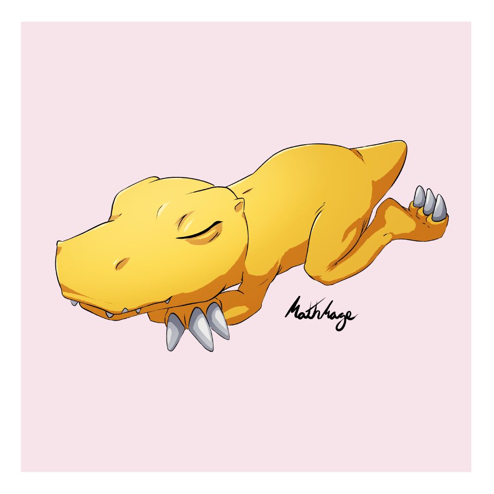 Drawing of Agumon, a yellow dinosaur Digimon resembling a cute baby T-rex
Lying down sleeping peacefully