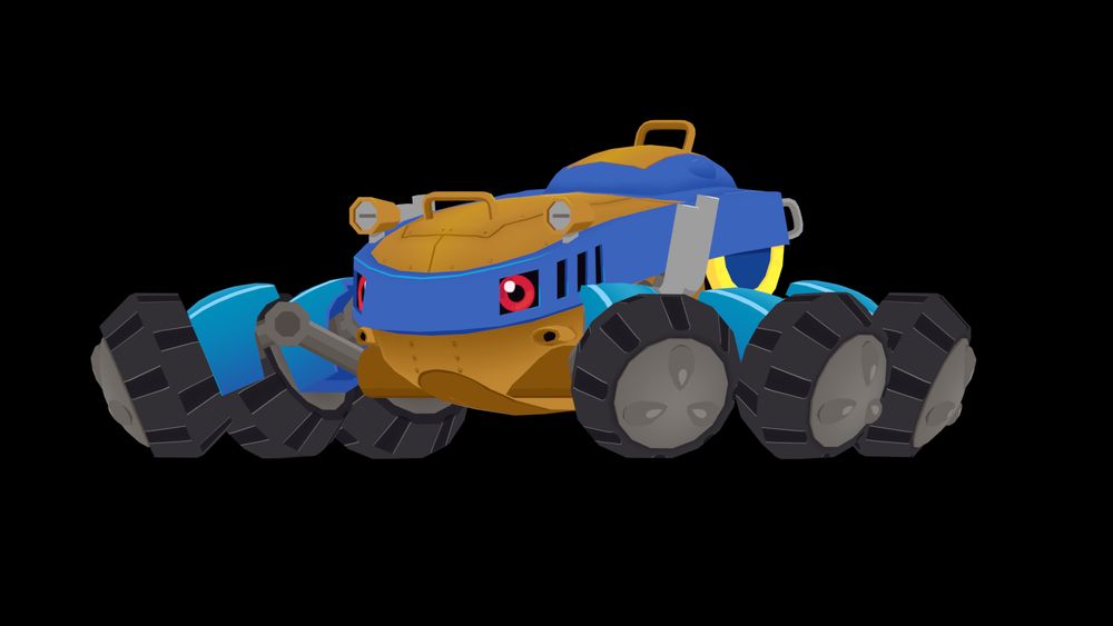 3D model of DigiBeetle from Digimon World 2 (it is a vehicle that resembles a beetle, having 6 legs with a wheel at the end of each leg), it is tan orange, has a blue stripe that divides its body horizontally, and has red eyes in front.
