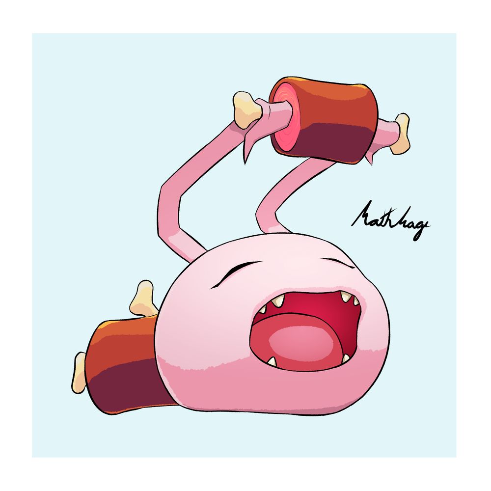 A drawing of a Koromon (a round pink Digimon with two ribbon-shaped ears that can also be used to hold things) holding a piece of meat and preparing to eat it. There is another piece of meat behind it.